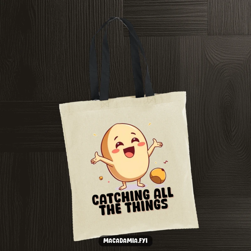 Funny Catch Nut Tote Bag with an excited macadamia nut, arms wide open, ready to catch a falling nut, symbolizing good luck.