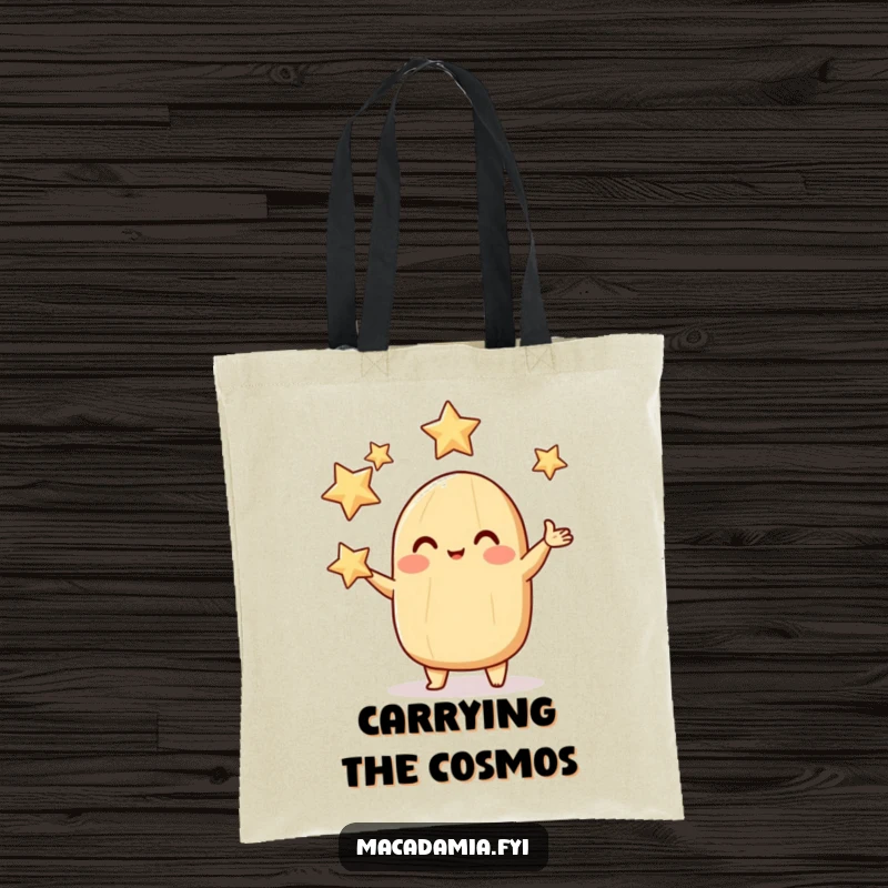 Funny macadamia nut tote bag showing a rosy-cheeked character juggling sparkling stars, perfect for carrying dreams.