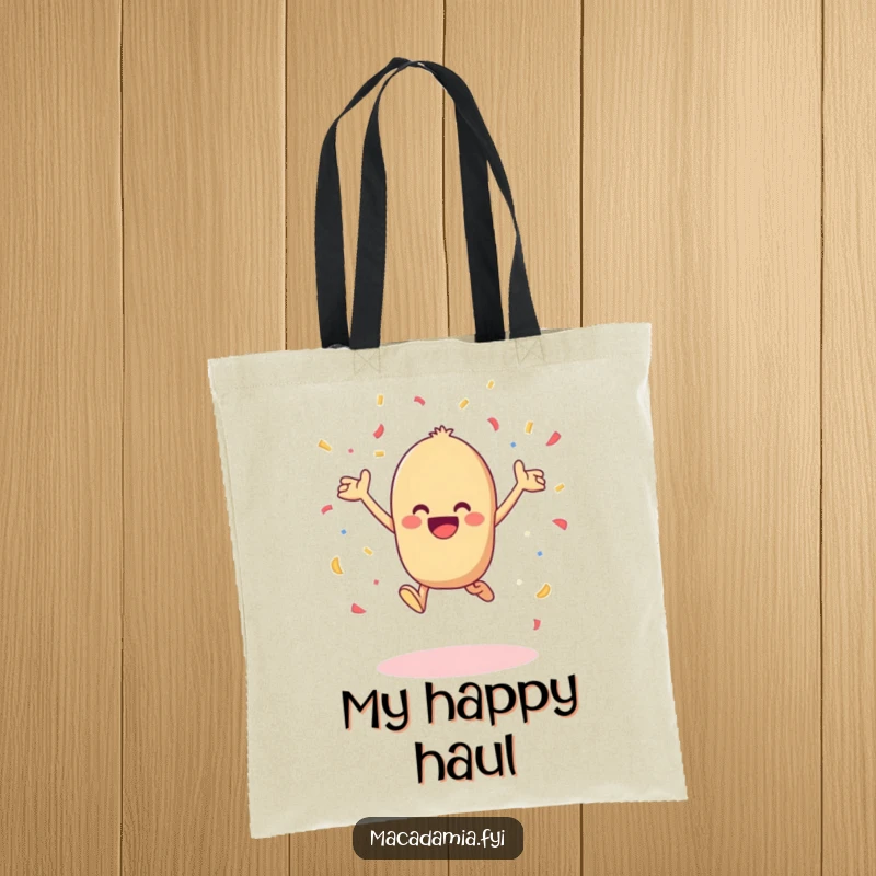Funny kawaii macadamia nut leaping with joy and tossing confetti in the air, featured on this humorous tote bag.