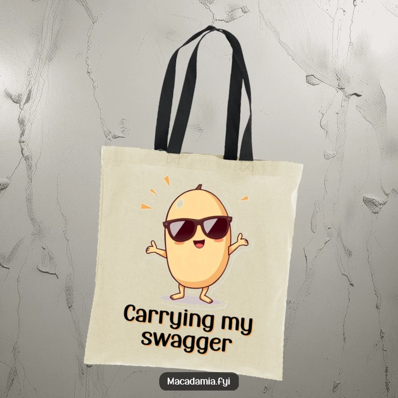 Funny kawaii macadamia nut wearing sunglasses in a celebratory dance pose, featured on this humorous tote bag.