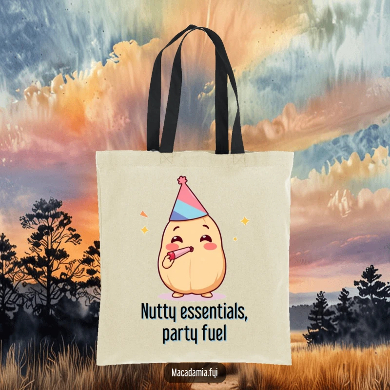Funny Kawaii macadamia nut in party gear mid-noisemaker blast, adorning a durable tote bag.