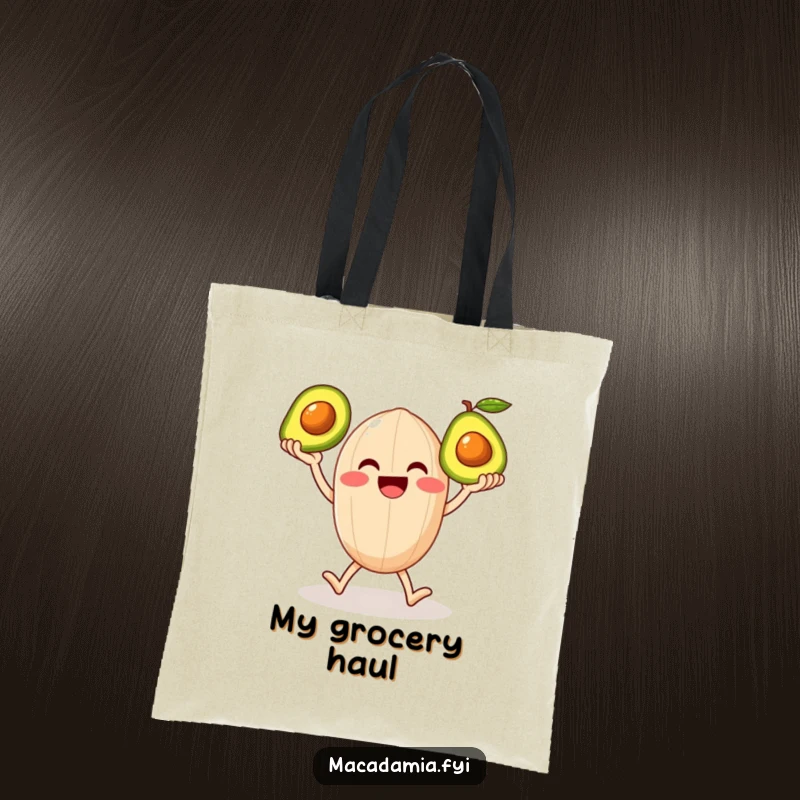 Funny tote bag with a smiling macadamia nut character on legs happily juggling three shiny avocados, perfect for market trips.