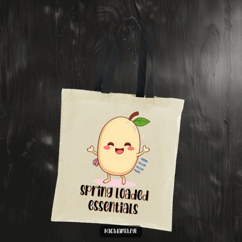 Funny Macadamia Nut Dancer Tote Bag: A cheerful macadamia nut with a spring attachment, performing a comical dance, perfect for carrying joy.