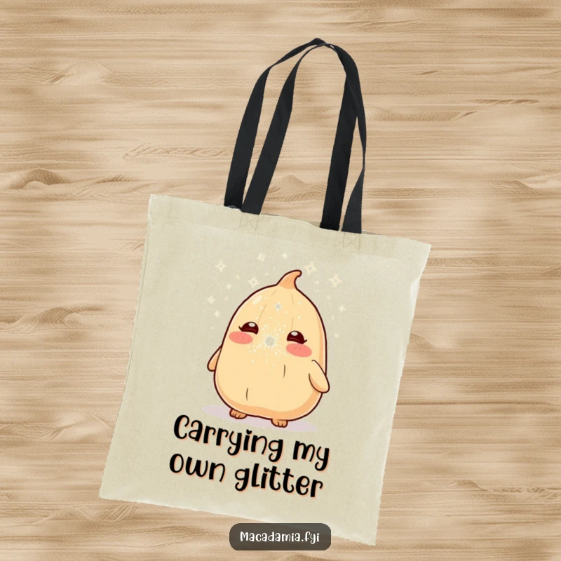 Funny macadamia nut character is sneezing out a dazzling cloud of sparkle dust on a durable tote bag.