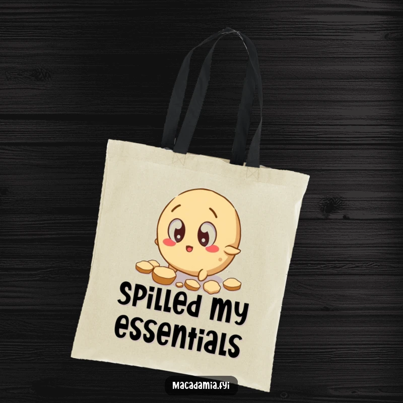 Funny Macadamia Nut Tote Bag: A macadamia nut with wide eyes trips, scattering shell pieces in a comical, relatable scene.