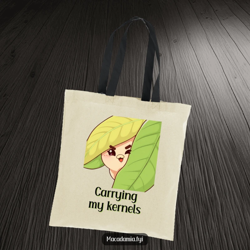 Funny Macadamia Nut Tote Bag with a secretive nut peeking from behind a leaf, offering a mischievous wink.