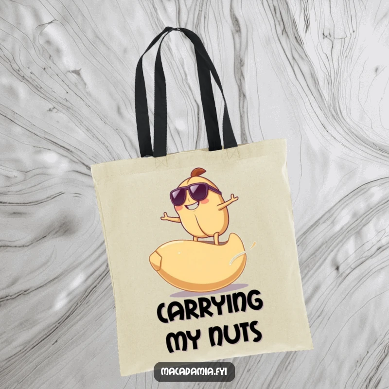 Funny Surfing Nut Tote Bag with a grinning macadamia nut in sunglasses surfing on a large cashew nut, embodying fun.