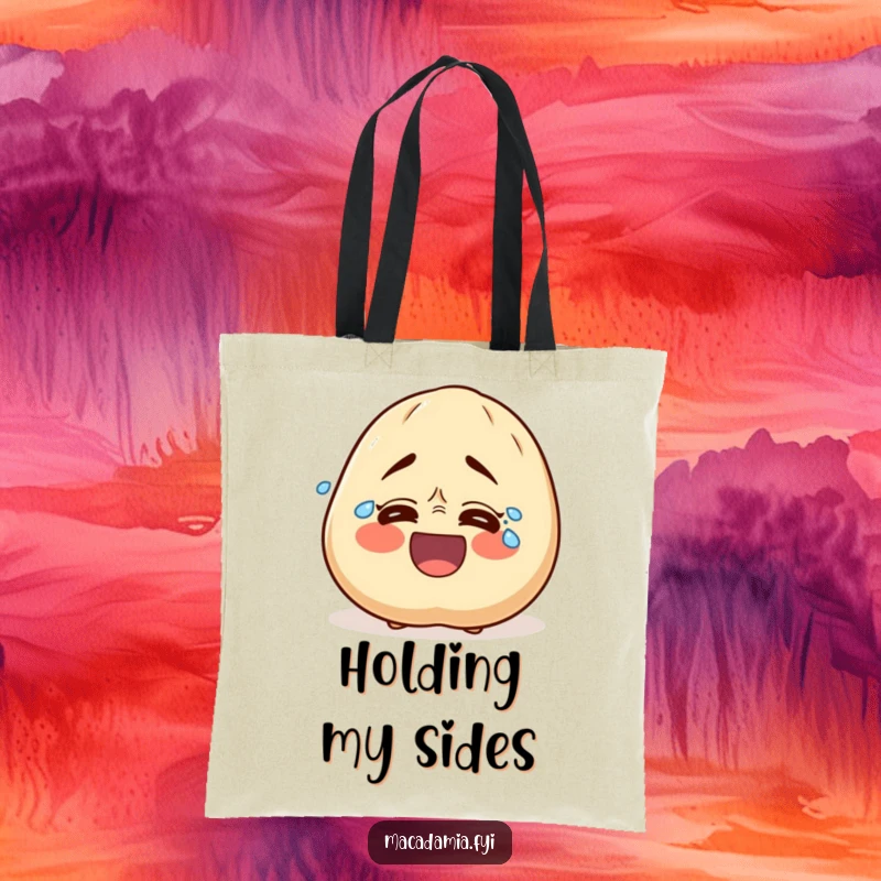 Funny tote bag with a macadamia nut character crying tears of laughter, expressing extreme amusement and pure, joyful silliness.