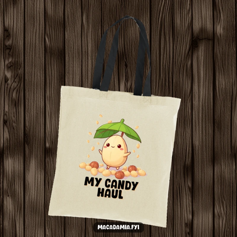 Funny macadamia nut character with umbrella, dodging candy nut drizzle, on a tote bag, perfect funny gift accessory.