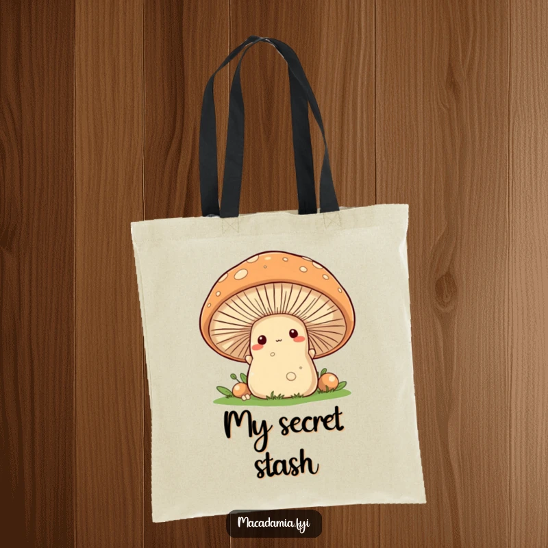 A playful macadamia nut character is peeking from behind a large, friendly mushroom on a practical tote bag.