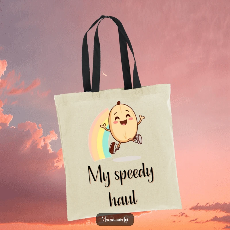Funny macadamia nut in tiny running shoes joyfully jogs over a rainbow on a spacious tote bag.