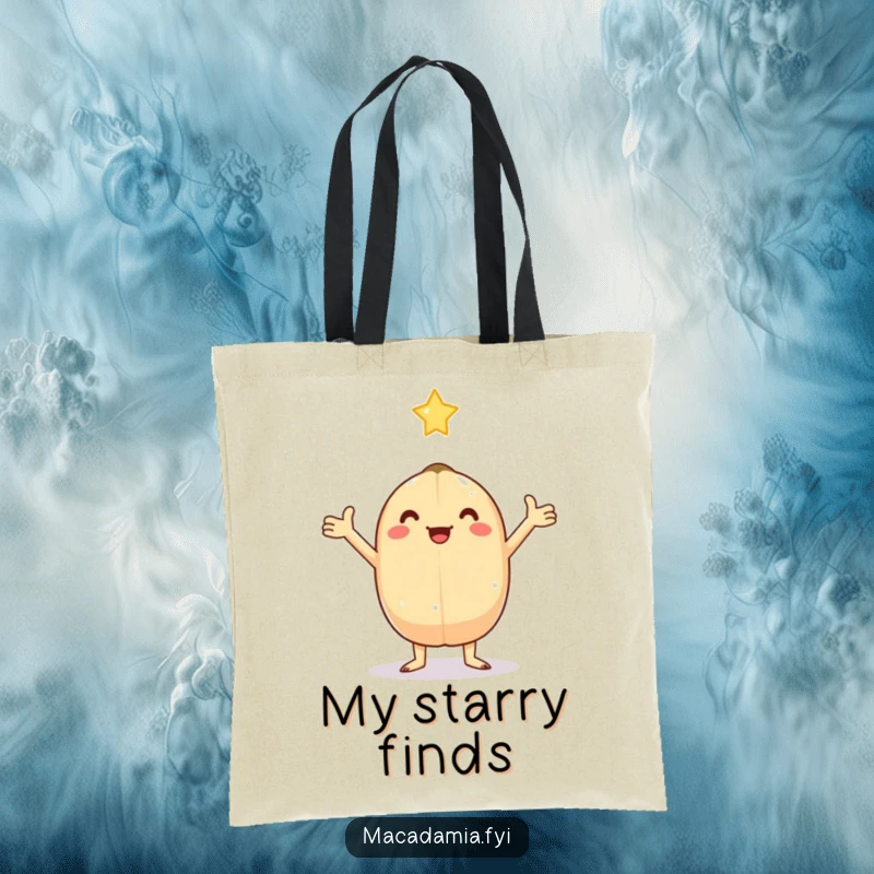 Funny kawaii macadamia nut with arms outstretched, catching a falling star, featured on this humorous tote bag.