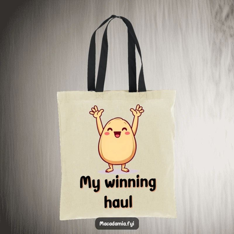 Funny Macadamia Nut Tote Bag showing a happy nut doing a celebratory dance with arms thrown up.