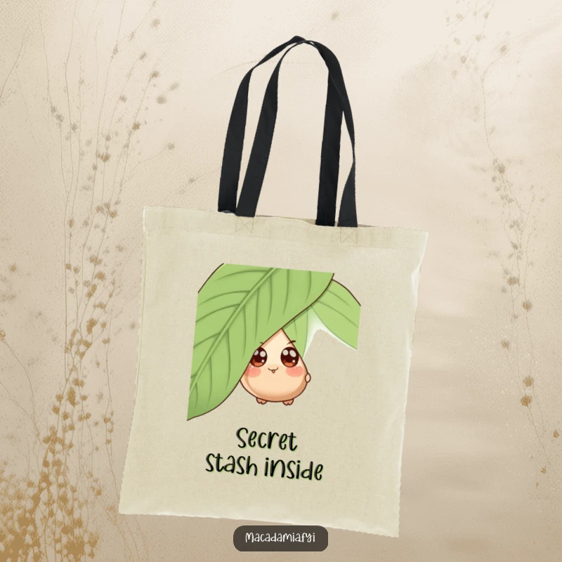 Funny tote bag with a wide-eyed macadamia nut character playfully peeking from behind a giant leaf, ideal for carrying essentials.